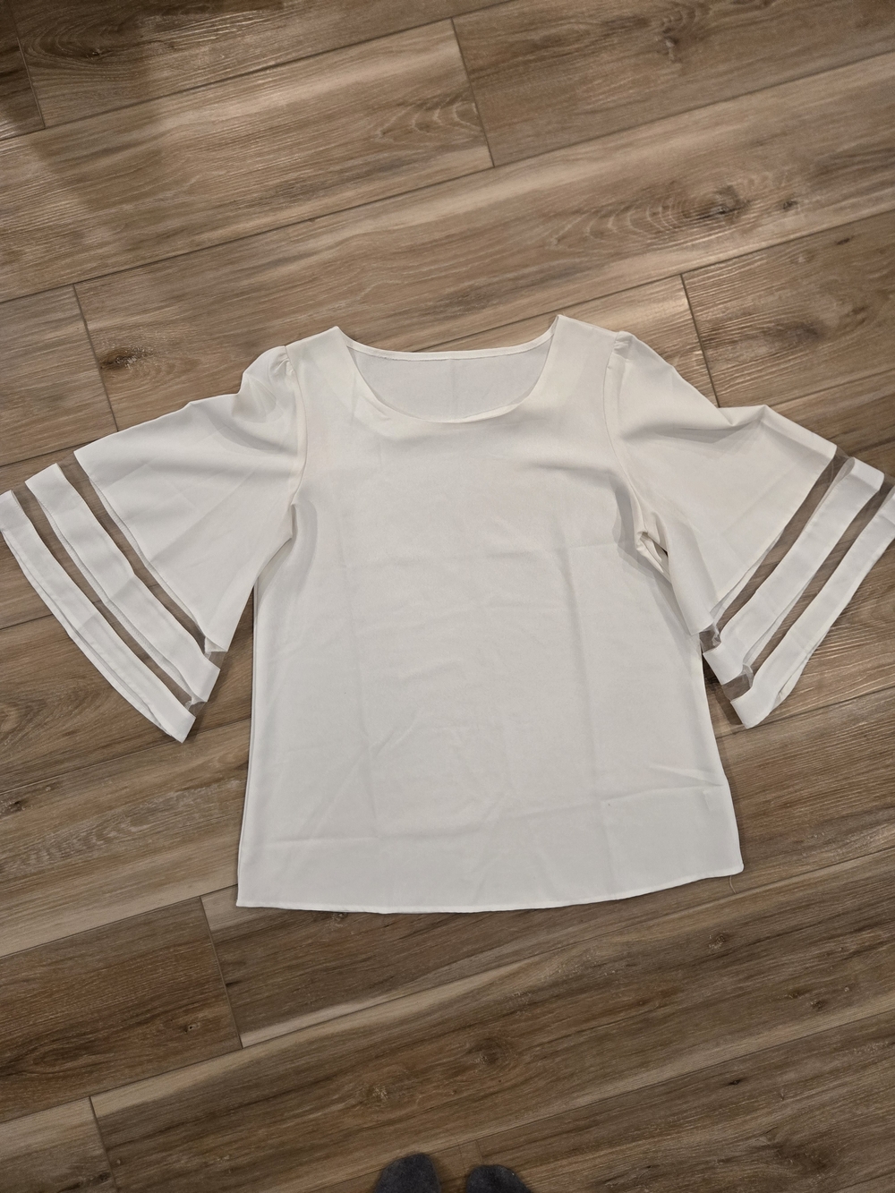 Source Unknown Cream Bell Sleeve Blouse with Sheer Stripe Accents